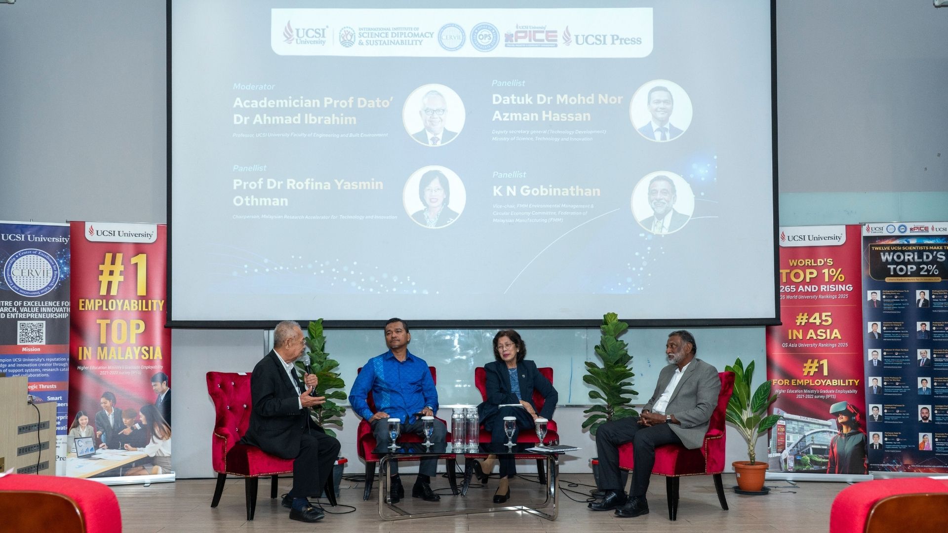 From left: UCSI Faculty of Engineering and Built Environment Academician Prof Dato’ Dr Ahmad Ibrahim, MOSTI deputy secretary-general Datuk Dr Mohd Nor Azman Hassan, MRANTI chairperson Prof Dr Rofina Yasmin Othman and FMM Environmental Management and Circular Economy Committee vice-chair Gobinathan Kumaran Nair engage in a dynamic exchange on accelerating Malaysia’s circular economy at the UCSI Grand Challenges Forum.