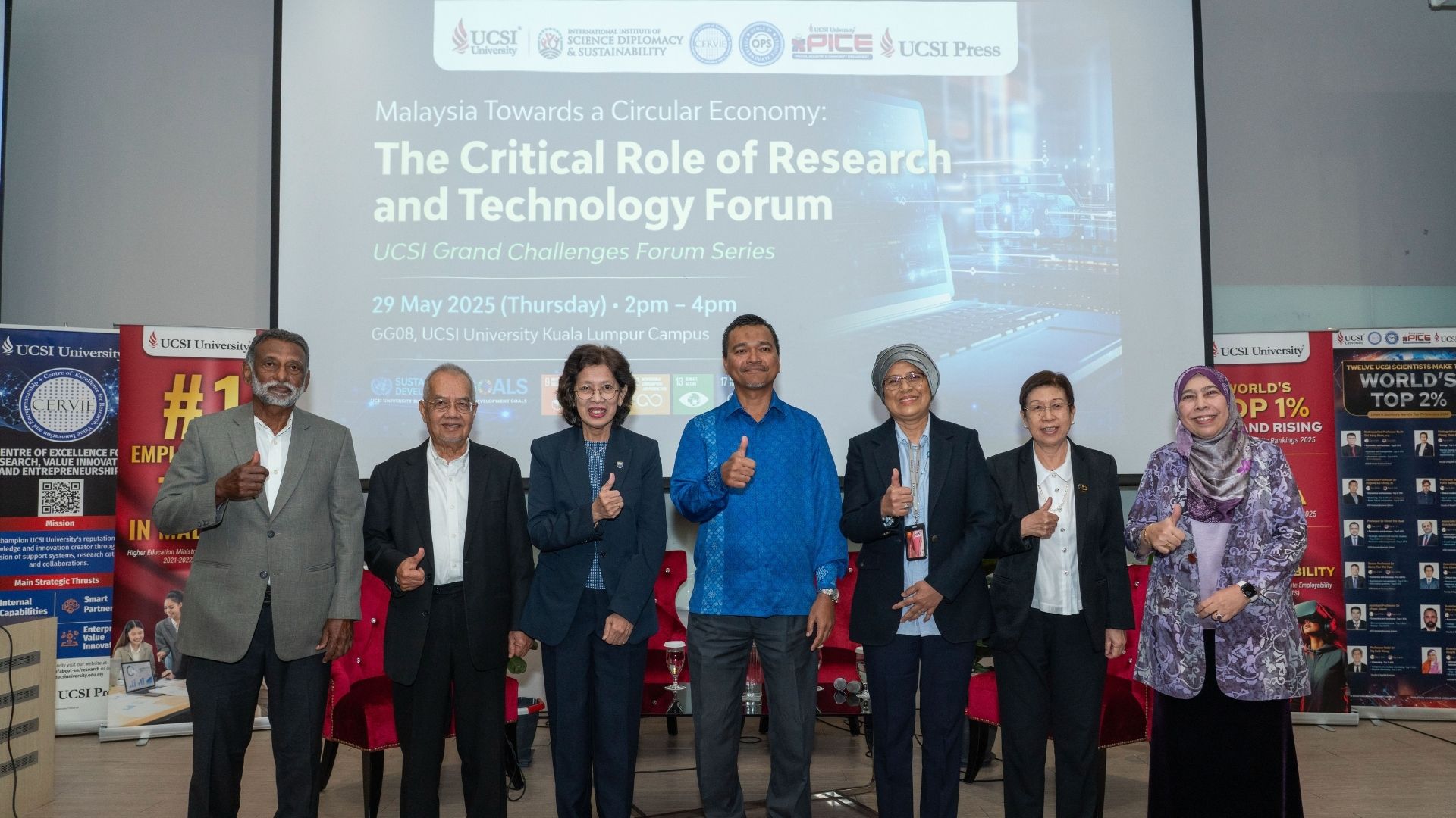 From left: FMM Environmental Management and Circular Economy Committee vice-chair Gobinathan Kumaran Nair, UCSI Faculty of Engineering and Built Environment Academician Prof Dato’ Dr Ahmad Ibrahim, MRANTI chairperson Prof Dr Rofina Yasmin Othman, MOSTI deputy secretary-general Datuk Dr Mohd Nor Azman Hassan, UCSI vice-chancellor Prof Emeritus Datuk Dr Siti Hamisah Tapsir, UCSI deputy vice-chancellor of Research and Postgraduate Studies Distinguished Prof Dr Phang Siew Moi and UCSI deputy vice-chancellor of Academic and Internationalisation Prof Datuk Dr Rohana Yusof -- pictured at the UCSI Grand Challenges Forum on Malaysia’s circular economy transition.