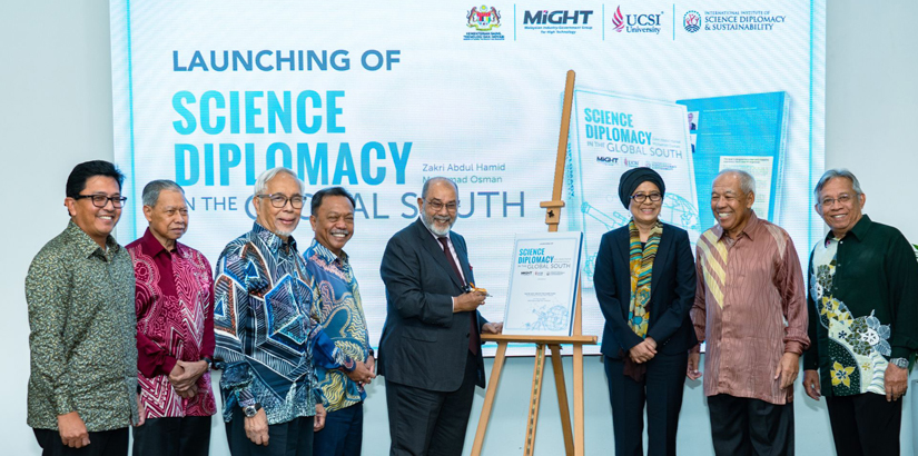 PROUD MOMENT: Former Foreign Minister Tan Sri Syed Hamid Albar (middle) launches Distinguished Prof Tan Sri Dr Zakri Abdul Hamid’s (third from left) new book, Science Diplomacy in the Global South. Looking on are (from left) MIGHT president and CEO Rushdi Abdul Rahim, former Investment, Trade and Industry minister Dato’ Sri Mustapa Mohamed, Science, Technology and Innovation deputy minister Dato’ Mohammad Yusof Apdal, UCSI vice-chancellor and president Prof Emerita Datuk Dr Siti Hamisah Tapsir, MIGHT joint chairman Tan Sri Dr Ahmad Tajuddin Ali and IISDS deputy director Prof Dr Mohamad Osman.