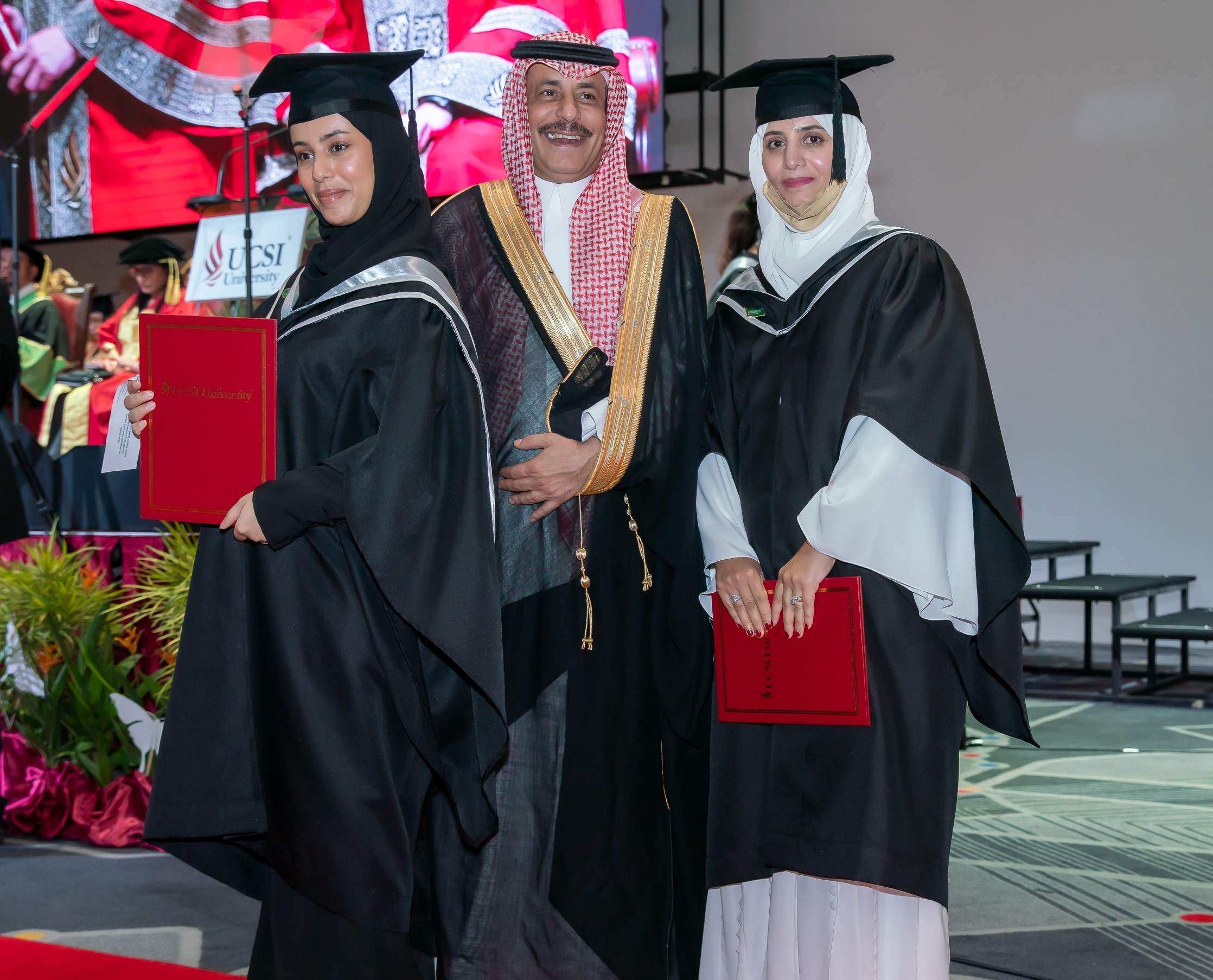 From left: Jawaher Fahad M. Alshemmeri and her mother, Moneerah Homoud B. Alblaihed, share a proud moment with their father and husband, respectively, Dr Fahad Mohammed N. Alshemmeri, the Saudi Cultural attaché in Malaysia, at UCSI University’s 37th graduation convocation. 