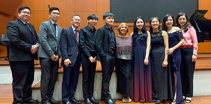 From left: Chan Joe Jim, Director of GEO, Willie Tan Moh Leong, Professor Dr P'ng Tean Hwa, Joshua Yee (pianist), Loi Liang Hao, Professor Maria, Charity Goh, Goh Xin Tian, Tee Jia Hui and Assistant Professor Ysan Suit Yin.