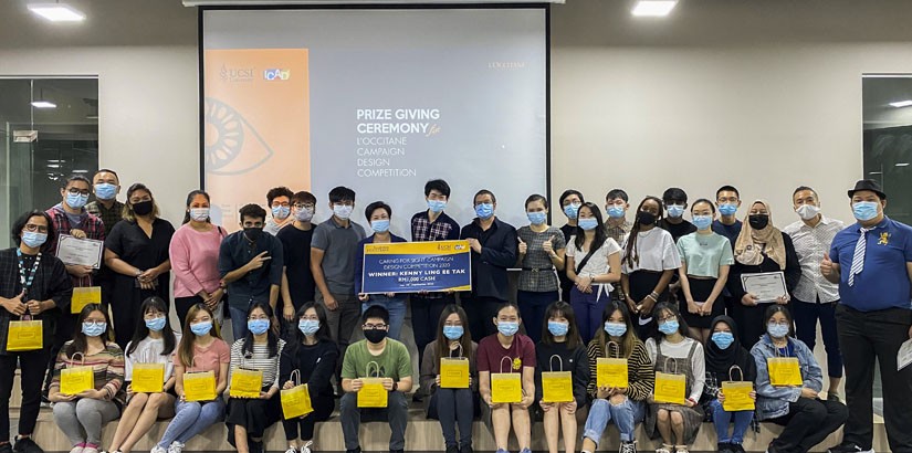 Elida Wong (10th from left) and winner of the Caring For Sight Campaign Design Competition, Kenny Lee (11th from left) with other attendees of the L'Occitane prize giving ceremony at UCSI University, Kuala Lumpur campus.