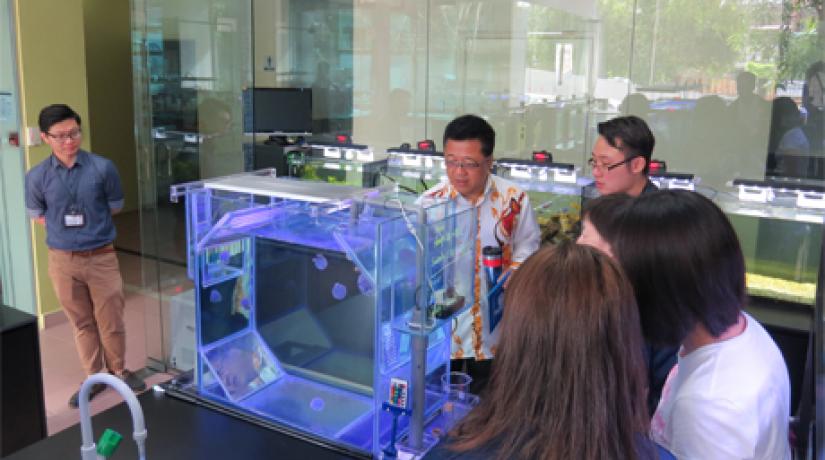  KREISEL TANK: Dato’ Peter Ng admiring the modern kreisel tank. The tank is specially designed without sharp corners and uses a special water pump to avoid tearing the fragile membrane of the jellyfish.