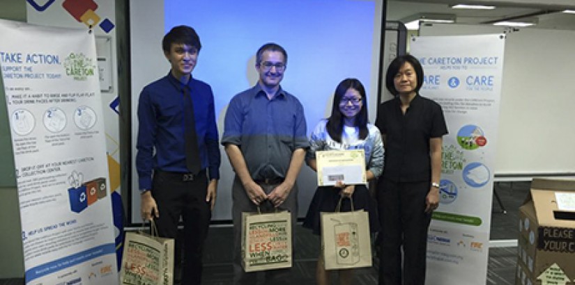  THE WINNERS: (from left) Second Runner-Up, Chan Kian Hao, student from the School of Nursing; First Runner-Up, Andrew Morgan Tennant, Head of Department (Biotechnology), from the Faculty of Applied Sciences (FoAS); First Prize winner, Jess Ong, student f