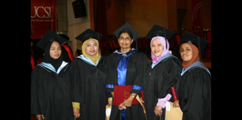 Associate Professor Jeya Devi Coomarasamy (middle) with some of UCSI's first batch of Nursing graduates