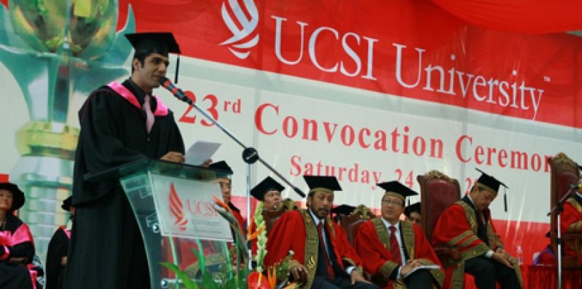 UCSI University’s Valedictorian, Sahadeva Prem Kumar delivering his speech during the University’s 23rd Convocation Ceremony