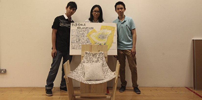  (left-right) Gee Sze Yong, 19, Ting Ying San, 21 and Lim Chuun Kiat, 19 from UCSI’s Diploma in Architectural Studies And Interior Architecture programme with their winning chair design.