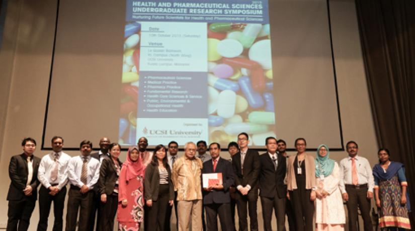 ON THE SHOULDERS OF GIANTS: (centre in brown) Senior Prof Dato’ Dr Khalid flanked by Prof Dr Syed Azhar (right) and Assoc Prof Dr Yeong (left) during a group photo.