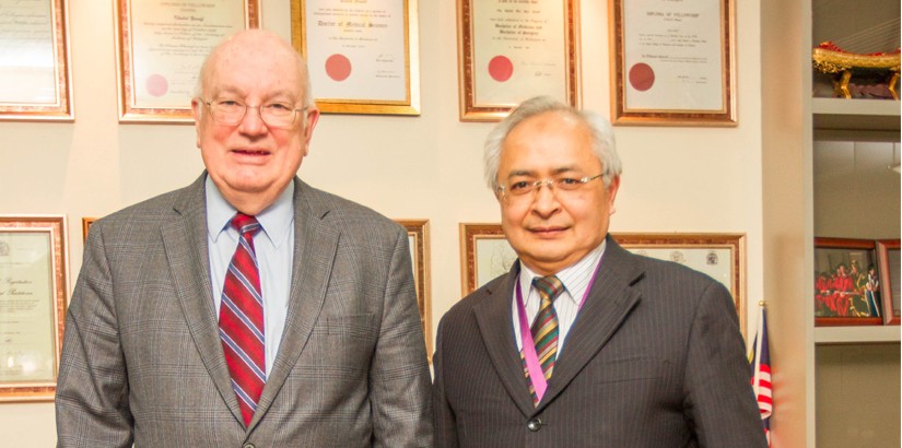  CLINICIAN SCIENTISTS: Prof Williams (left) and Senior Prof Dato’ Dr Khalid go a long way back, with the former saying they mentor each other. On top of their friendship, they often collaborate in terms of research. Both are currently co-supervising a PhD