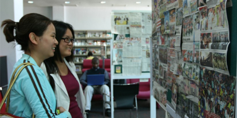Students reading some of the newspaper clippings regarding the country’s independence, courtesy of the National Archive