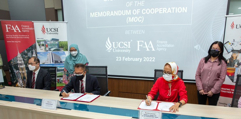 The memorandum of cooperation was signed by UCSI Group Chief Executive Officer (CEO) and UCSI University Vice-Chancellor, Professor Datuk Ir Ts Dr Siti Hamisah Tapsir and Chief Executive Officer, Finance Accreditation Agency, Mr Khairul Nizam at UCSI Univ