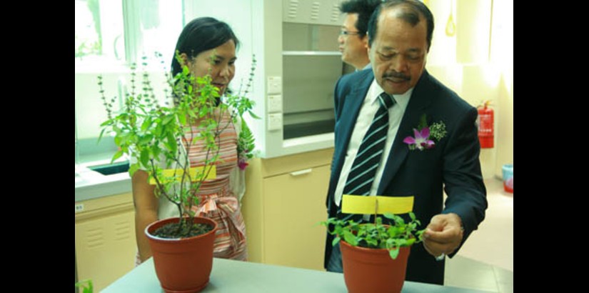 UCSI University Dean of the Faculty of Pharmaceutical Sciences Associate Professor Dr Yeong Siew Wei and UCSI University Council Chairman Tan Sri Dato Seri Dr Musa Mohamed examine some of the plants to be studied during the faculty’s new Master of Science