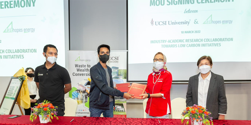 (From Left) Academia-Industry collaboration: Mr Mankarpal Singh Deo, Head of Business Planning, Fathopes Energy; Mr Vinesh Sinha, Chief Executive Officer and Founder Fathopes Energy; UCSI's Vice Chancellor Professor Datuk Ir. Ts. Dr. Siti Hamisah Binti Ta