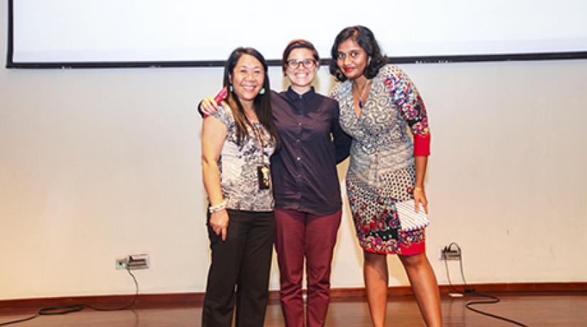 ALL SMILES: (from left): Asst Prof Dr Ivie Carbon Esteban, Organising Chair; Elaine Foster, host and trainer and Melizarani T. Selva, guest poet at the UCSI Poetry Slam Competition 2015.