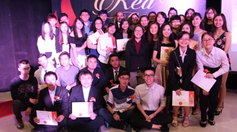DELIGHTED: The award recipients from CPU and FHTM share a light moment with their lecturers at the Red Carpet Awards Night.