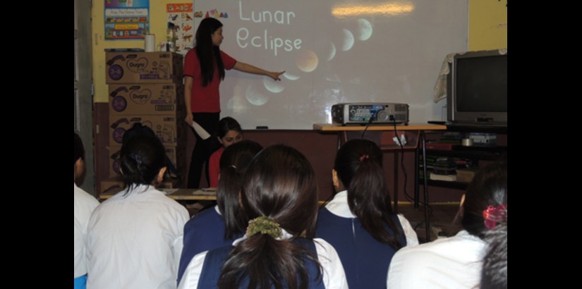 ENGAGING SESSION: Organising chairperson Suzanne Ling teaching CSO students to create rockets during U-SchoS’ ‘Rocket to the Moon’ campaign.