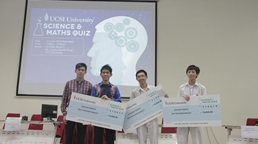  SCIENCE AND MATHS WHIZS: Three of the four winners with their scholarships worth RM 10,000 to continue their Pre-U studies at UCSI.