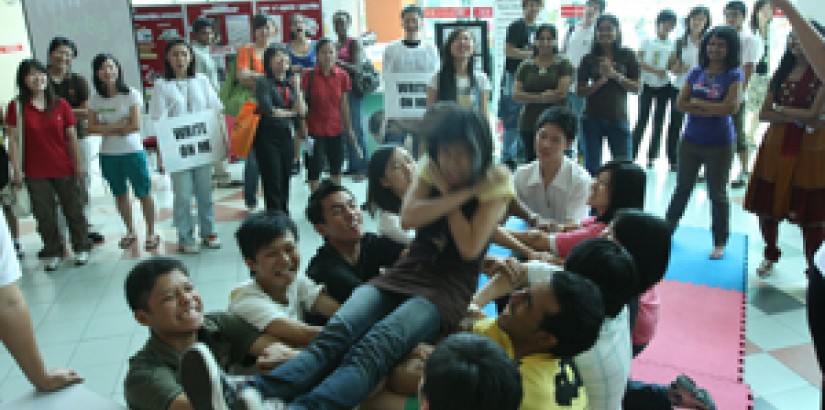 Students in the "Leap of Faith" exercise