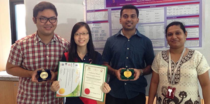  WINNING SMILES (from left to right): UCSI Chemical Engineering students Chin Chun Man, Teoh Kai Wen and Selvaraja Guala Segaran with their lecturer Dr Suchithra Thangalazhy Gopakumar after being awarded their medals and certificates.