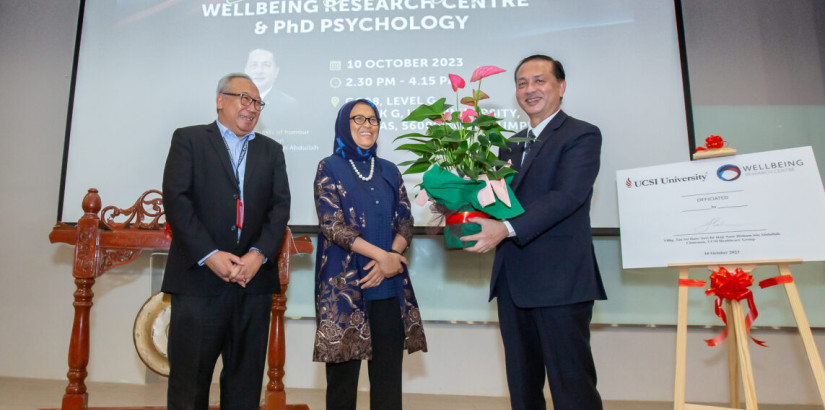 (From left) Director of UCSI Wellbeing Research Centre Professor Dr Mansor bin Abu Talib, UCSI vice-chancellor Prof Datuk Dr Siti Hamisah Tapsir and UCSI Healthcare Group chairman Tan Sri Dr Noor Hisham Abdullah