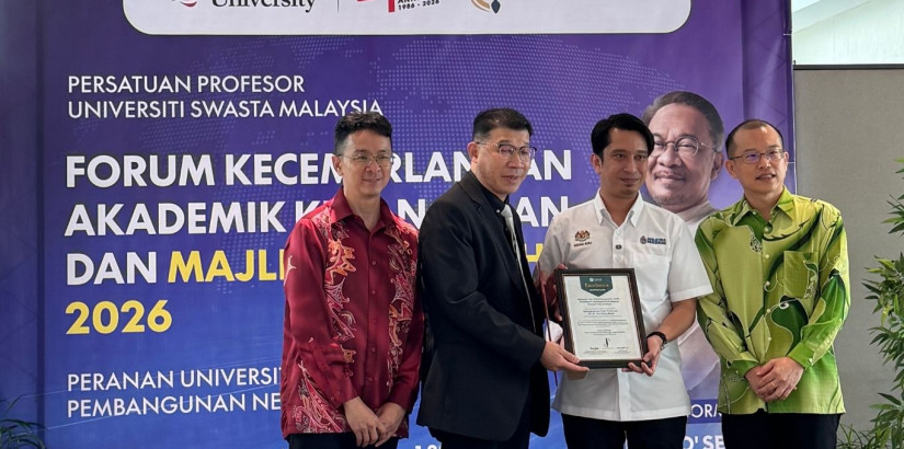 From left: Emerald Publishing (East Asia) regional director Wan Yat Seng; Distinguished Chair Prof Dr Ooi Keng Boon; YB Tuan Adam Adli Abd Halim; and Prof Dato’ Dr Toh Kian Kok of UCSI at the National Academic Excellence Forum and Award Ceremony 2026.