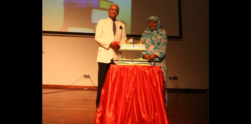 73 years young: A birthday cake was brought out during the event to celebrate Tan Sri’s birthday which was on the first day of Hari Raya Aidiladha. He is accompanied by his wife, Puan Sri Noorhayati