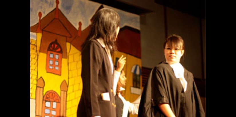 Shylock (Eunice) confronting Portia (Carmen)