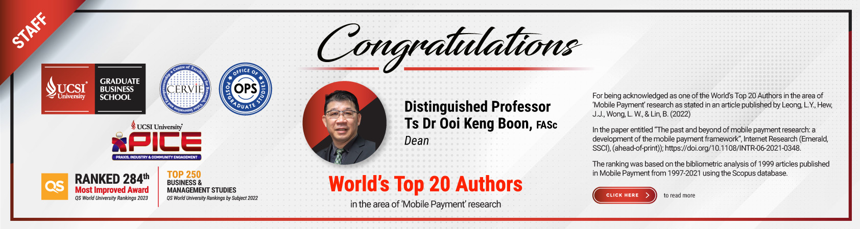 Distinguished Professor Ooi Acknowledged One of the World’s Most Prolific Researchers in Mobile Payment Research
