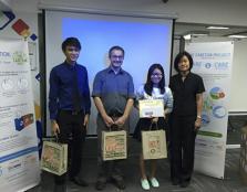  THE WINNERS: (from left) Second Runner-Up, Chan Kian Hao, student from the School of Nursing; First Runner-Up, Andrew Morgan Tennant, Head of Department (Biotechnology), from the Faculty of Applied Sciences (FoAS); First Prize winner, Jess Ong, student f