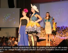 VINTAGE DESIGNS: Fashion student Alice Er Bing Xin greeting the audience with models dressws in her Vintage Royalty-inspired collection during the Graduation Show cum Art Exhibition.