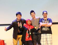  ALL SMILES: SABE lecturer Puan Maliza binti Ismail Jamail (second from left) posing for a group shot with her ‘team members’ Lee Bin Li, Kelvin Teoh and Kelvin Quek on SABE Day after bagging gold medals for the 3-on-3 basketball tournament.