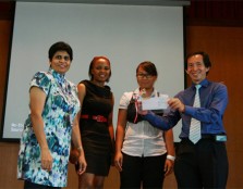 (Far left) Assoc. Prof. Jeya Devi, together with two nursing students, Takongwa Tabulawa and Siti Embun Binti Manap, handing over the cheque to Dr. Ednin Hamzah (far right)