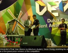 UCSI University's Final Year Interior Architecture student, Simon Chong, receiving his award as one of the grand prize winners of the competition.