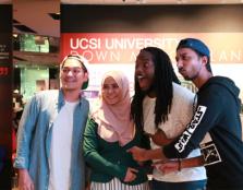 The Hitz.FM Morning Crew – Arnold Loh (left), Jay Smith (second from right) and Ryan De Alwis (right) – pictured with UCSI University lecturer and event supervisor Ghazila Binti Ghazi (second from left).