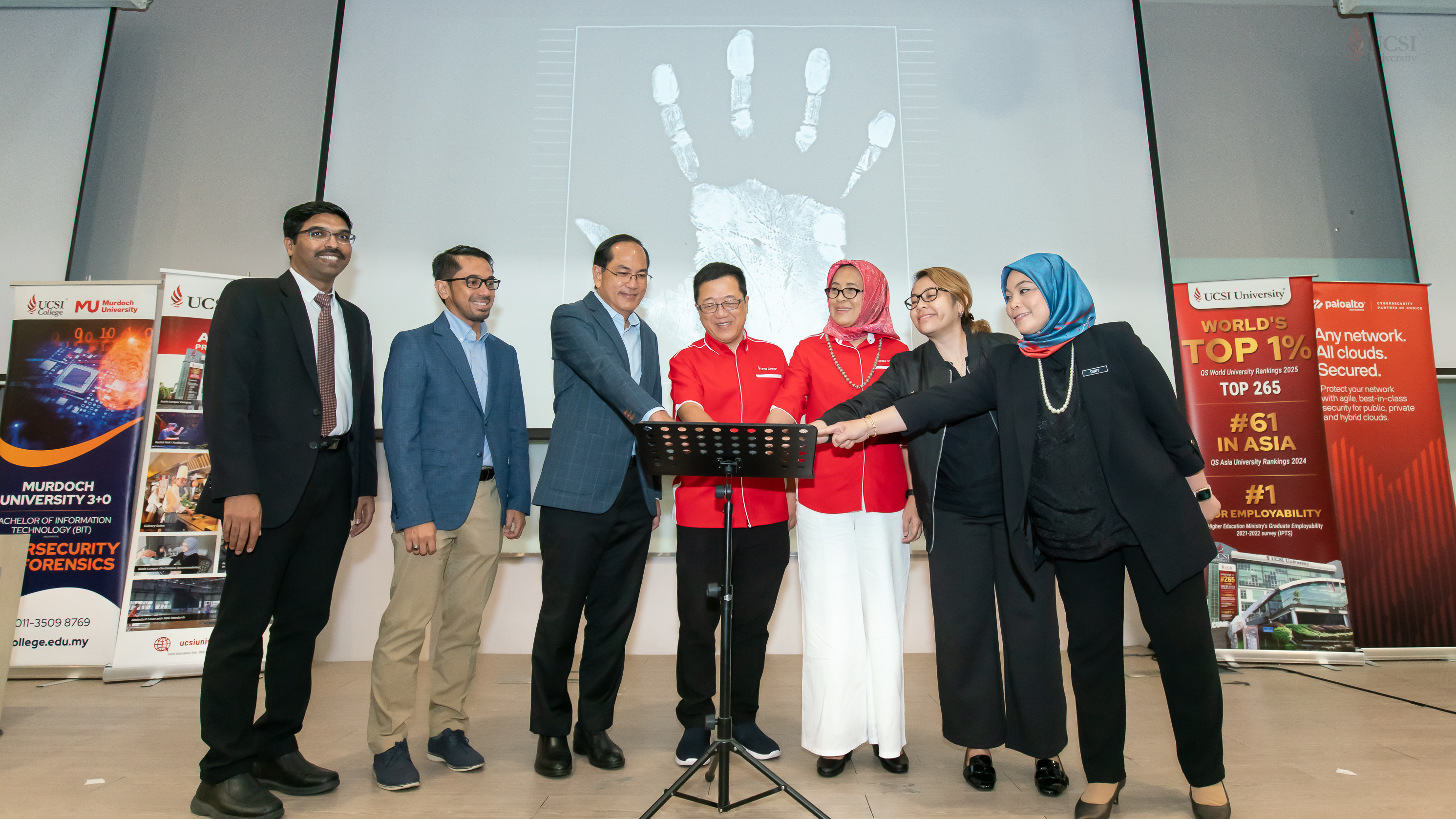 From left: Asst Prof Ts Dr Raenu, director of the Institute of Computer Science and Digital Innovation, Wan Roshaimi Wan Abdullah, chief technology officer of CyberSecurity Malaysia, Dr Tatchapol Poshyanonda, country director of Palo Alto Networks (Asean), Dato Peter Ng, founder and executive chairman of UCSI Group, Prof Emerita Datuk Ts Ir Dr Siti Hamisah Binti Tapsir, vice-chancellor and president of UCSI University, Azuin Baharudin, executive chairman of AceTeam Networks and Siti Riniy Fariza Mohd Borham, principal assistant director of National Cyber Security Agency, Prime Minister Office. 
