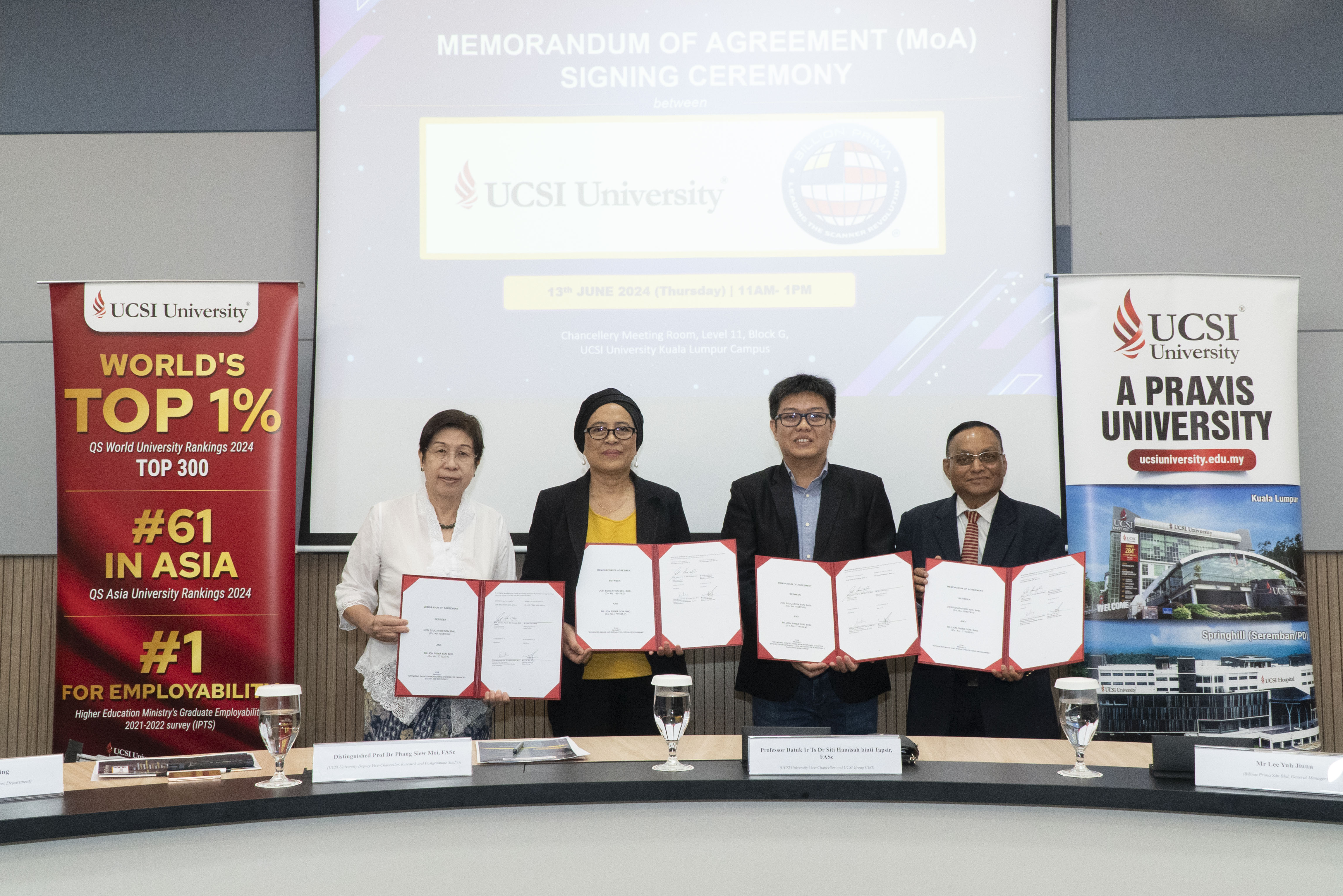 From left: UCSI University deputy vice-chancellor (Research and Postgraduate) Distinguished Prof Dr Phang Siew Moi, UCSI University vice-chancellor and UCSI Group CEO Prof Datuk Ts Ir Dr Siti Hamisah binti Tapsir, Billion Prima general manager Mr Lee Yuh Jiunn and Billion Prima R&D and business development director Prof Dr Ir Abdul Karim bin Mirasa.